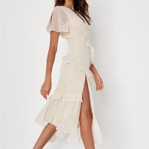 Lulu's Cream Swiss Dot Midi Wrap Dress